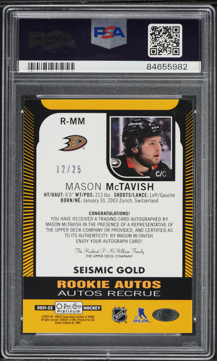 2021 O-Pee-Chee Platinum Seismic Gold Mason McTavish ROOKIE AUTO /25 PSA 8