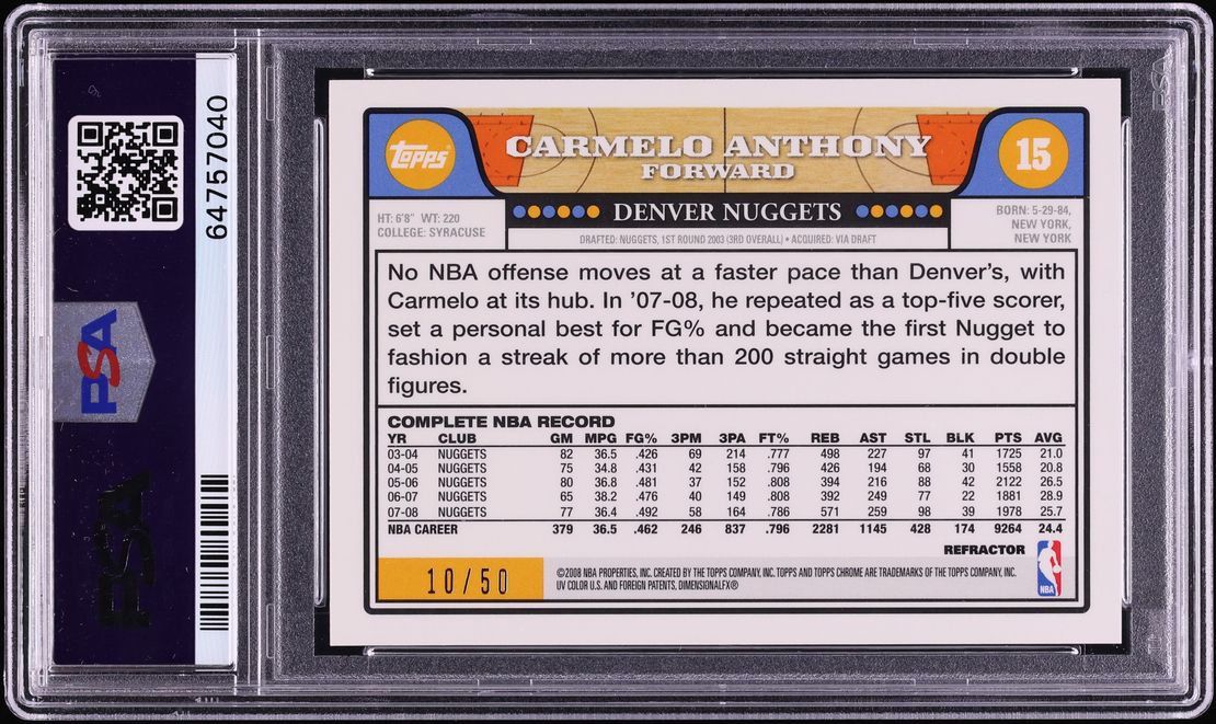 2008 Topps Chrome Gold Refractor Carmelo Anthony /50 #15 PSA 10 GEM MINT - Photo 2