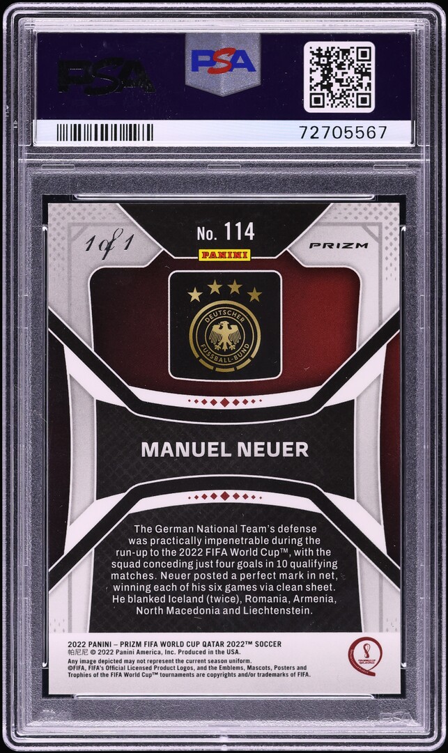 2022 Panini Prizm World Cup Qatar Black Manuel Neuer 1/1 #114 PSA 9 MINT