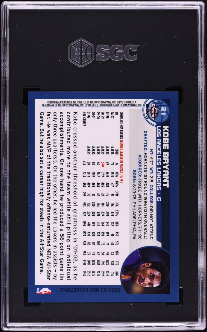 2002 Topps Chrome Refractor Kobe Bryant #21 SGC 9 MINT