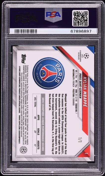 2021 Topps Chrome Sapphire Edition UEFA Padparadscha Kylian Mbappe 1/1 #1 PSA 10 GEM MINT