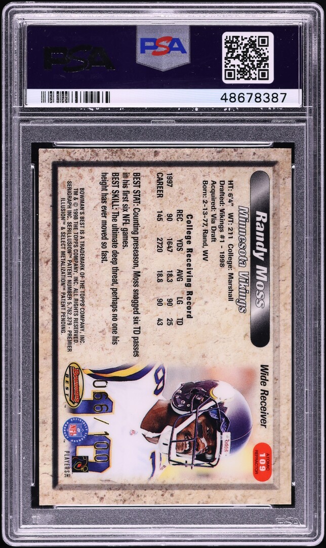 1998 Bowman's Best Atomic Refractor Randy Moss ROOKIE /100 #109 PSA 8 NM-MT