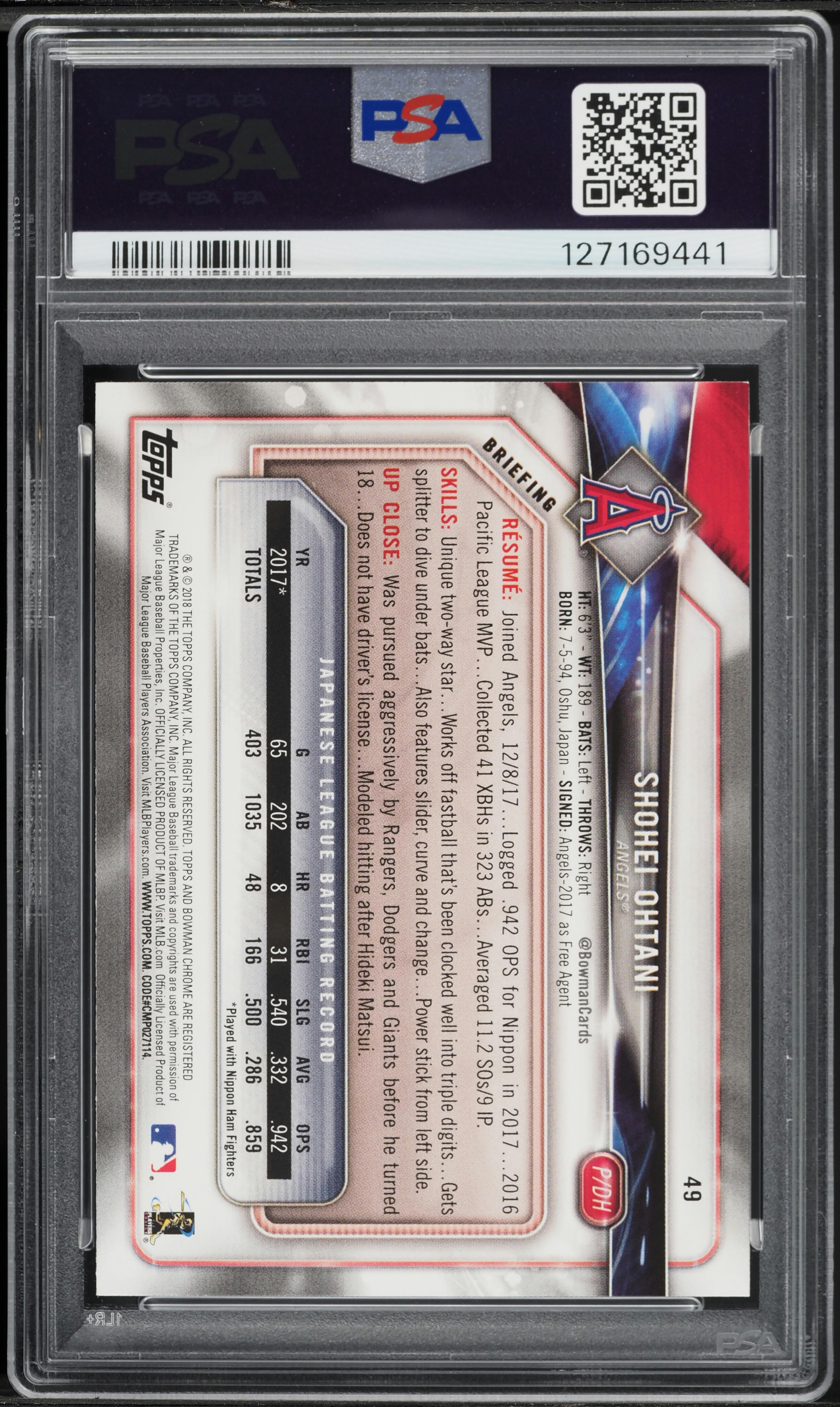 2018 Bowman Shohei Ohtani ROOKIE #49 PSA 9 MINT on Fanatics