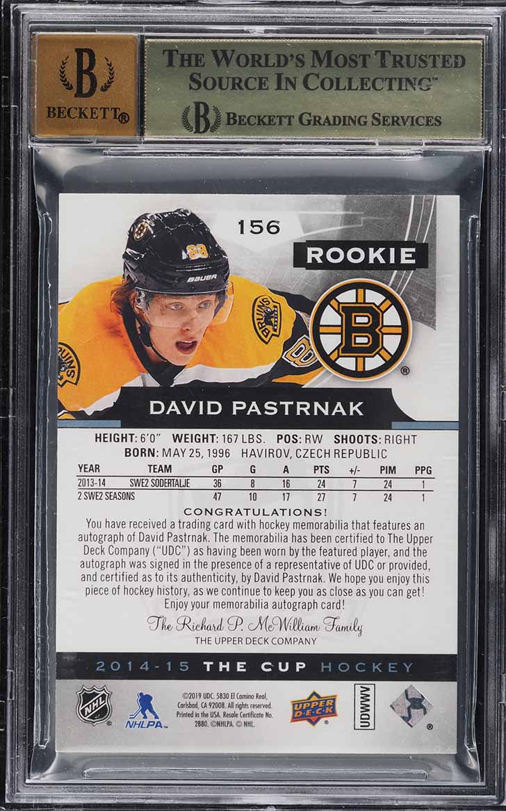 2014 Upper Deck The Cup David Pastrnak ROOKIE PATCH AUTO /249 #156 BGS 9.5 GEM MINT