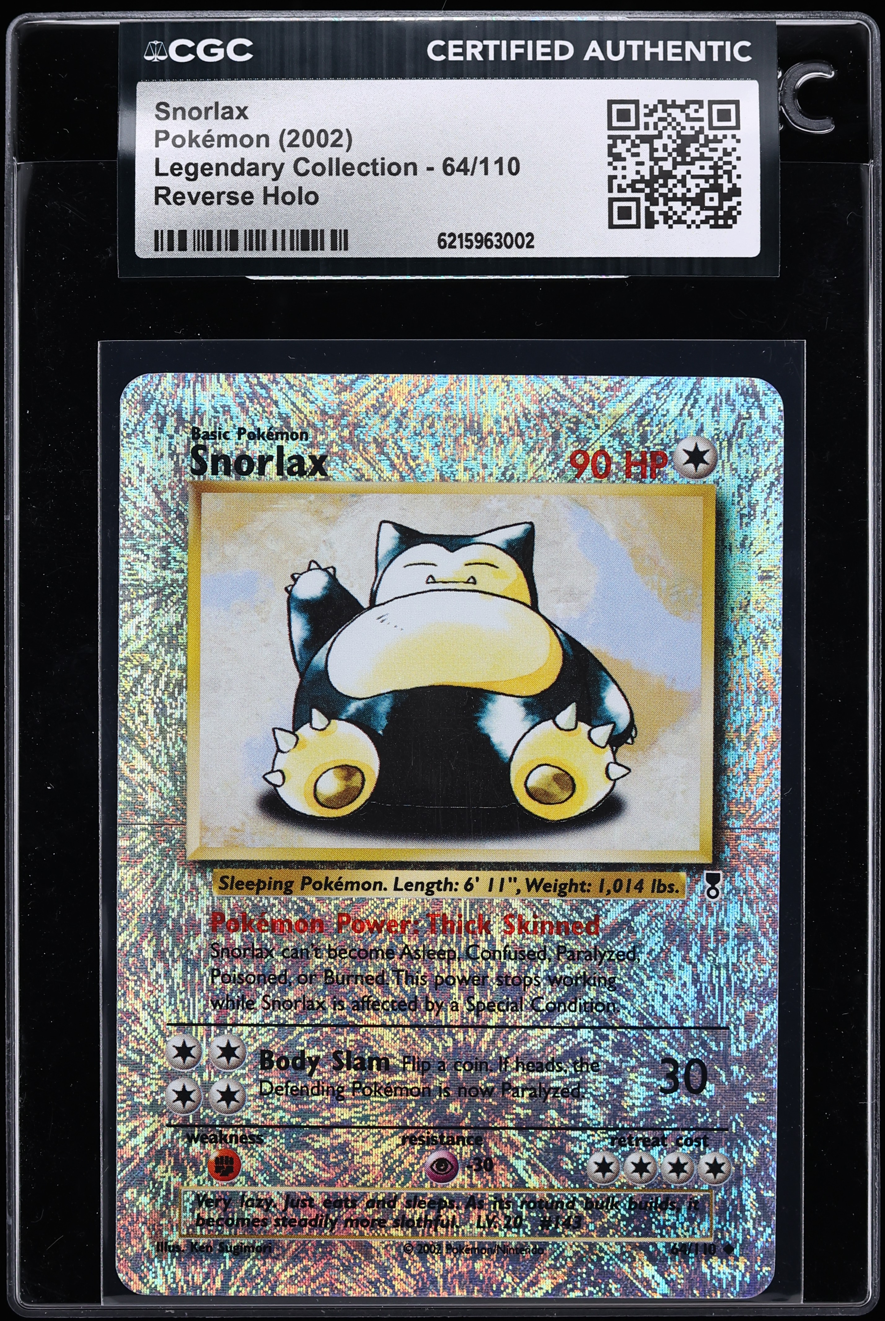 2002 Pokemon Legendary Collection Reverse Holo Snorlax #64 CGC AUTH