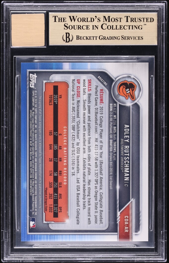 2019 Bowman Chrome Draft Gold Refractor Adley Rutschman PROSPECT AUTO /50 #CDA-AR BGS 9.5 GEM