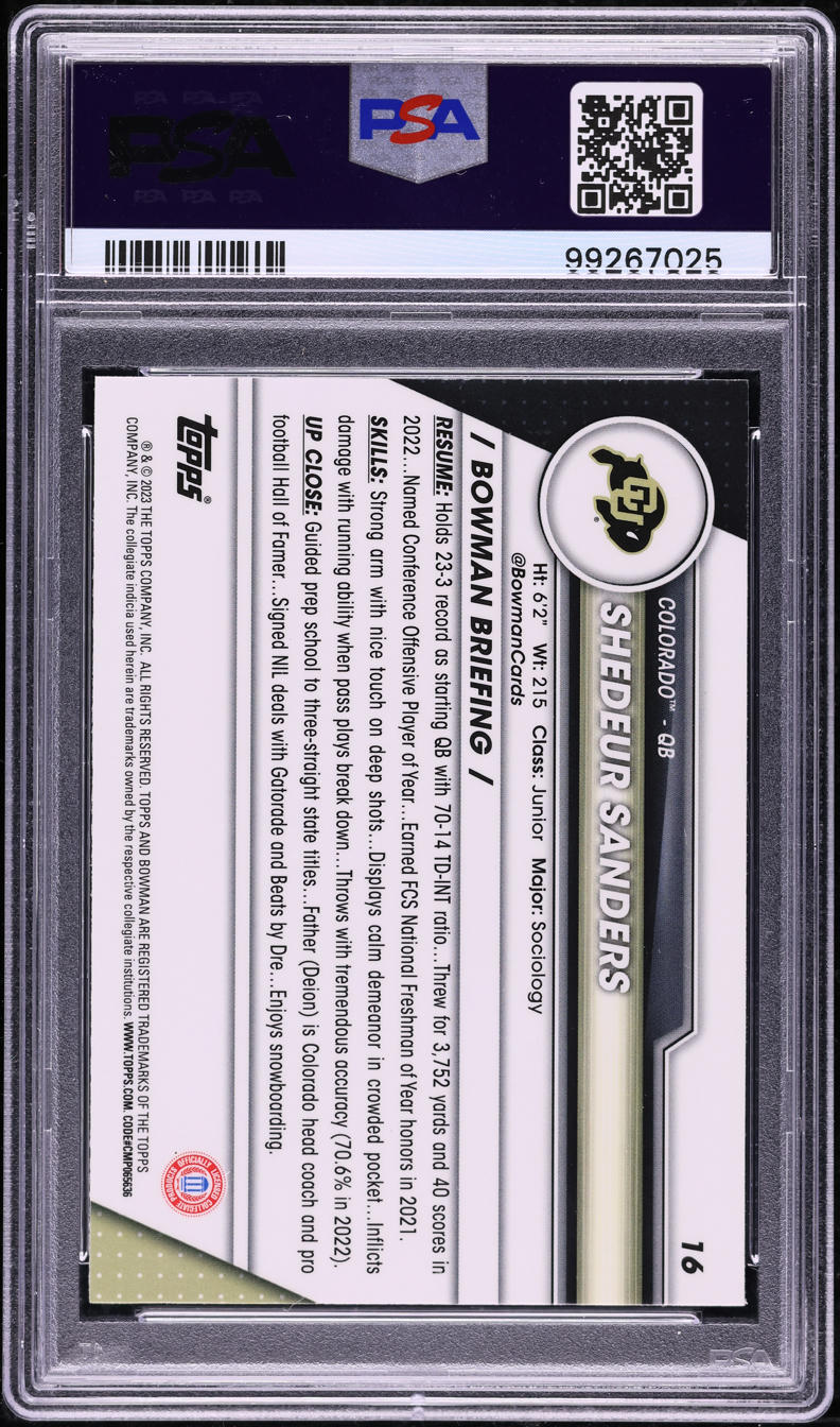 2023 Bowman Chrome University Shedeur Sanders ROOKIE #16 PSA 10 GEM MINT