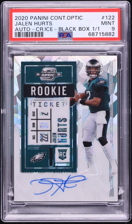 2020 Panini Contenders Optic Black Box Cracked Ice Jalen Hurts RC AUTO 1/1 #122 PSA 9