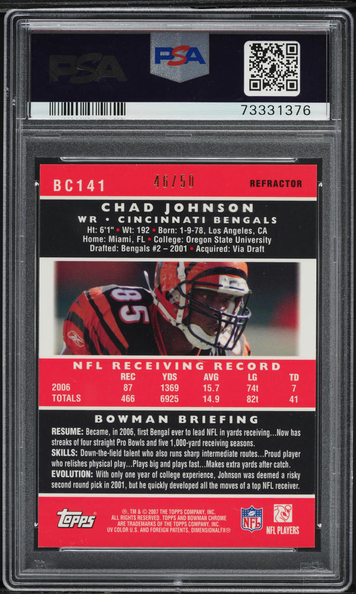 2007 Bowman Chrome Gold Refractor Chad Johnson /50 #BC141 PSA 10 GEM MINT