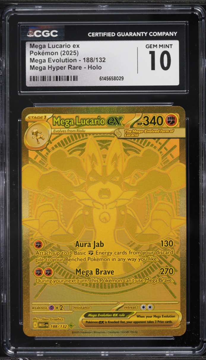 2025 Pokemon Mega Evolution Gold Rare Mega Lucario EX #188 CGC 10 GEM MINT