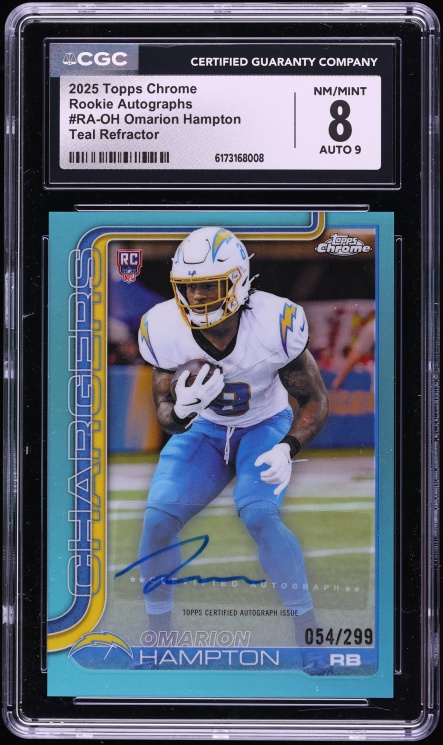 2025 Topps Chrome Teal Refractor Omarion Hampton ROOKIE AUTO /299 #RA-OH CGC 8 NM-MT