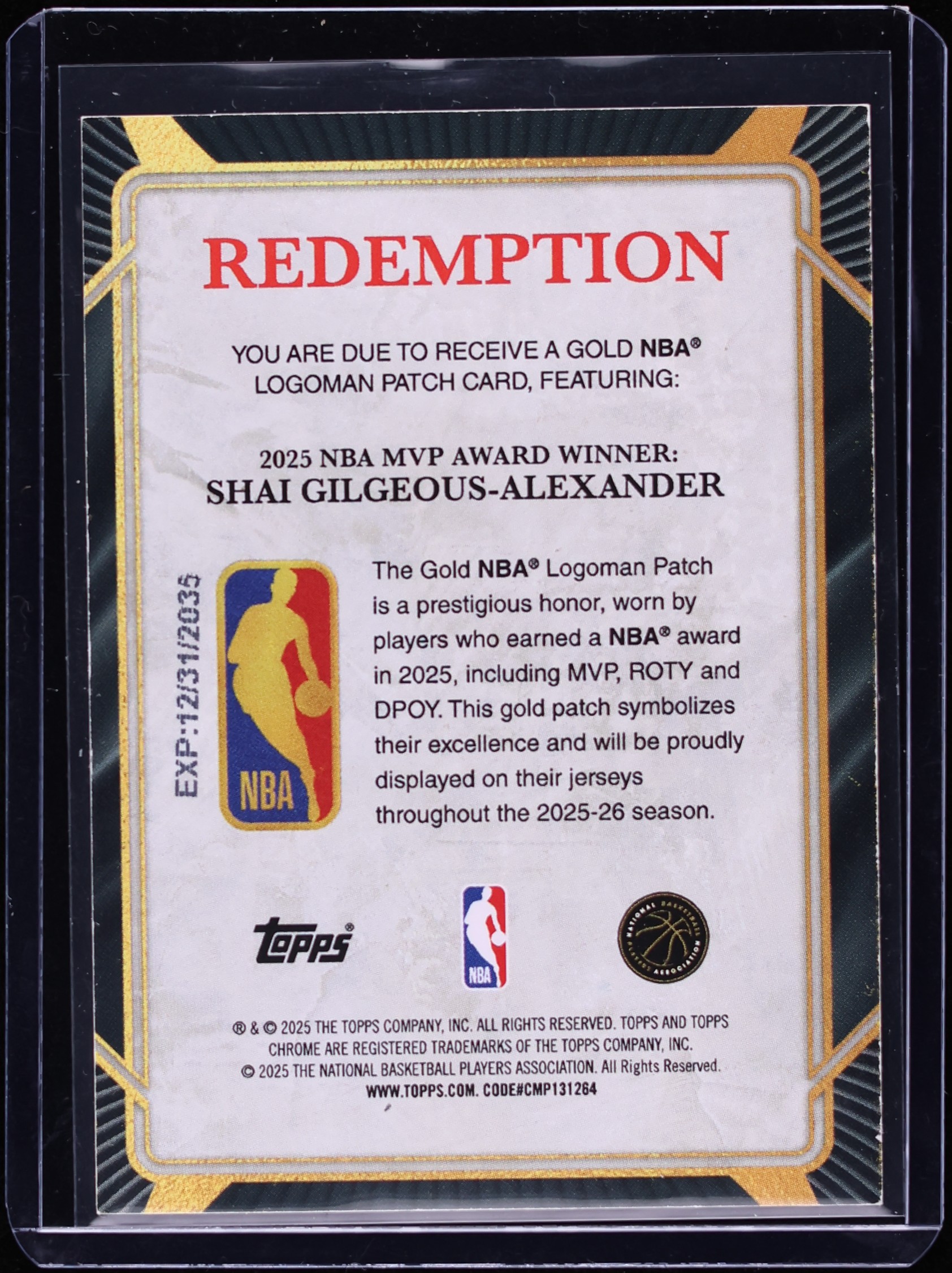 BALDMAN☯️ 2025 Topps Chrome MVP Award Gold NBA Logoman Patch Card Shai