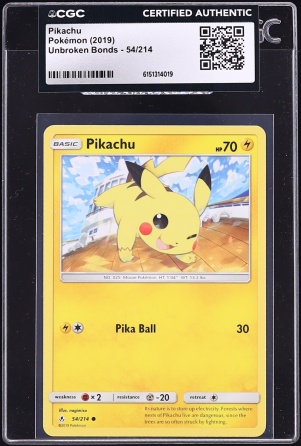 2019 Pokemon Sun & Moon Unbroken Bonds Pikachu #54 CGC AUTH