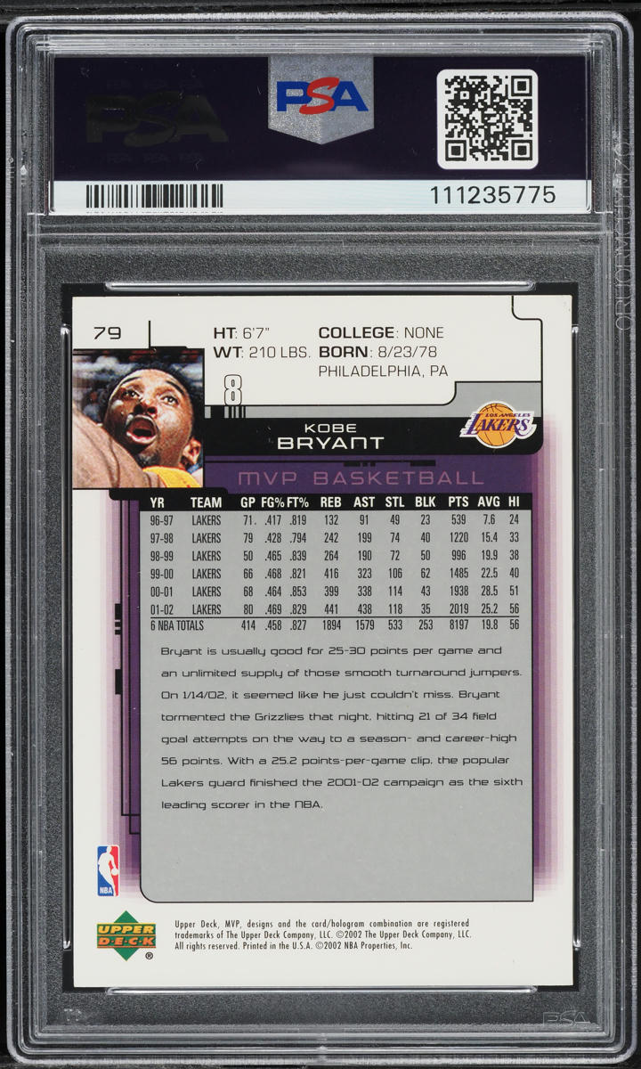 2002 Upper Deck MVP Kobe Bryant #79 PSA 6 EXMT