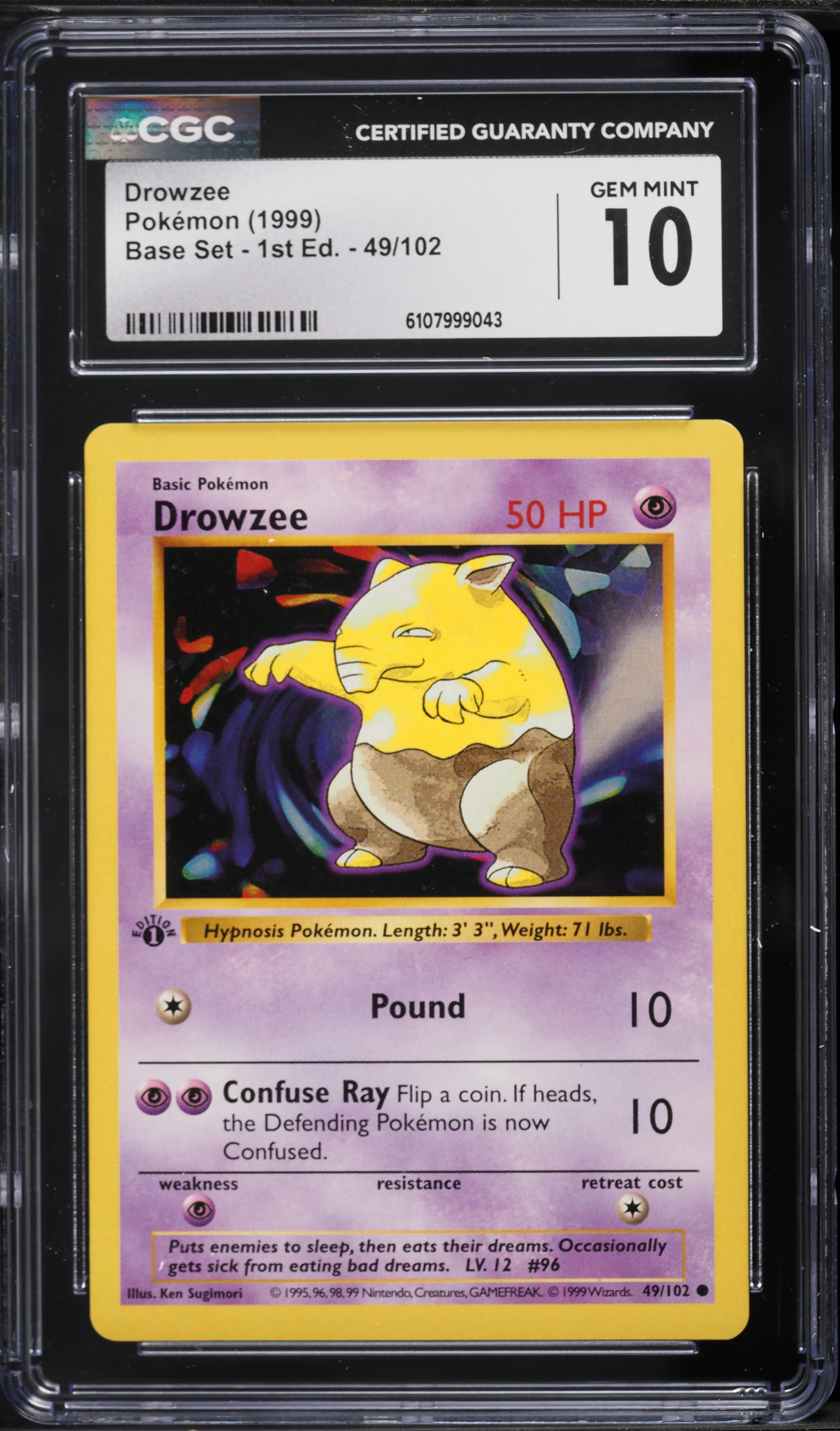 1999 Pokemon Base Set Shadowless 1st Edition Drowzee #49 CGC 10 GEM MINT