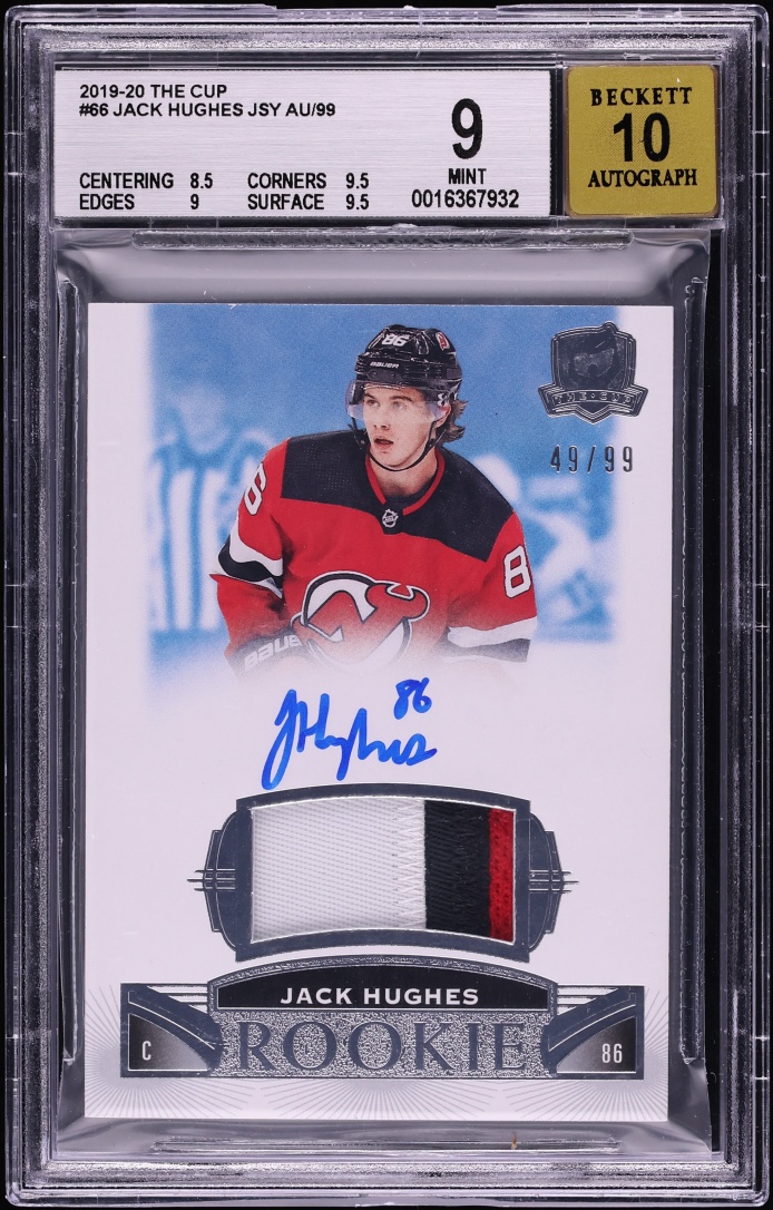 2019 Upper Deck The Cup Jack Hughes ROOKIE PATCH AUTO /99 #66 BGS 9 MINT