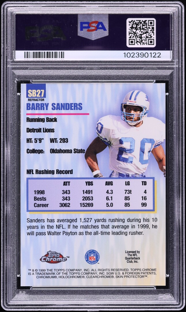 1999 Topps Chrome Season's Best Refractor Barry Sanders #SB27 PSA 10 GEM MINT - Photo 2