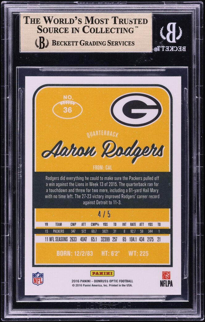 2016 Donruss Optic Green Aaron Rodgers /5 #36 BGS 10 PRISTINE - Photo 2