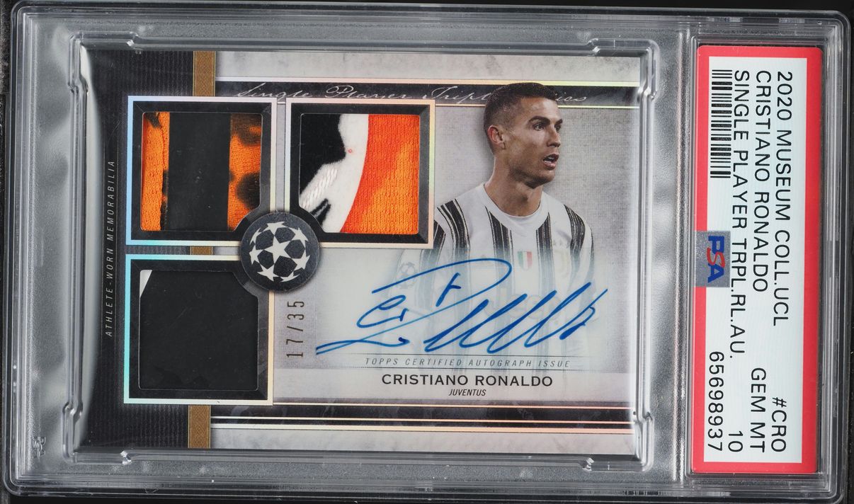 2020 Topps Museum Collection UEFA Triple Cristiano Ronaldo PATCH AUTO /35 #CRO PSA 10 GEM MINT