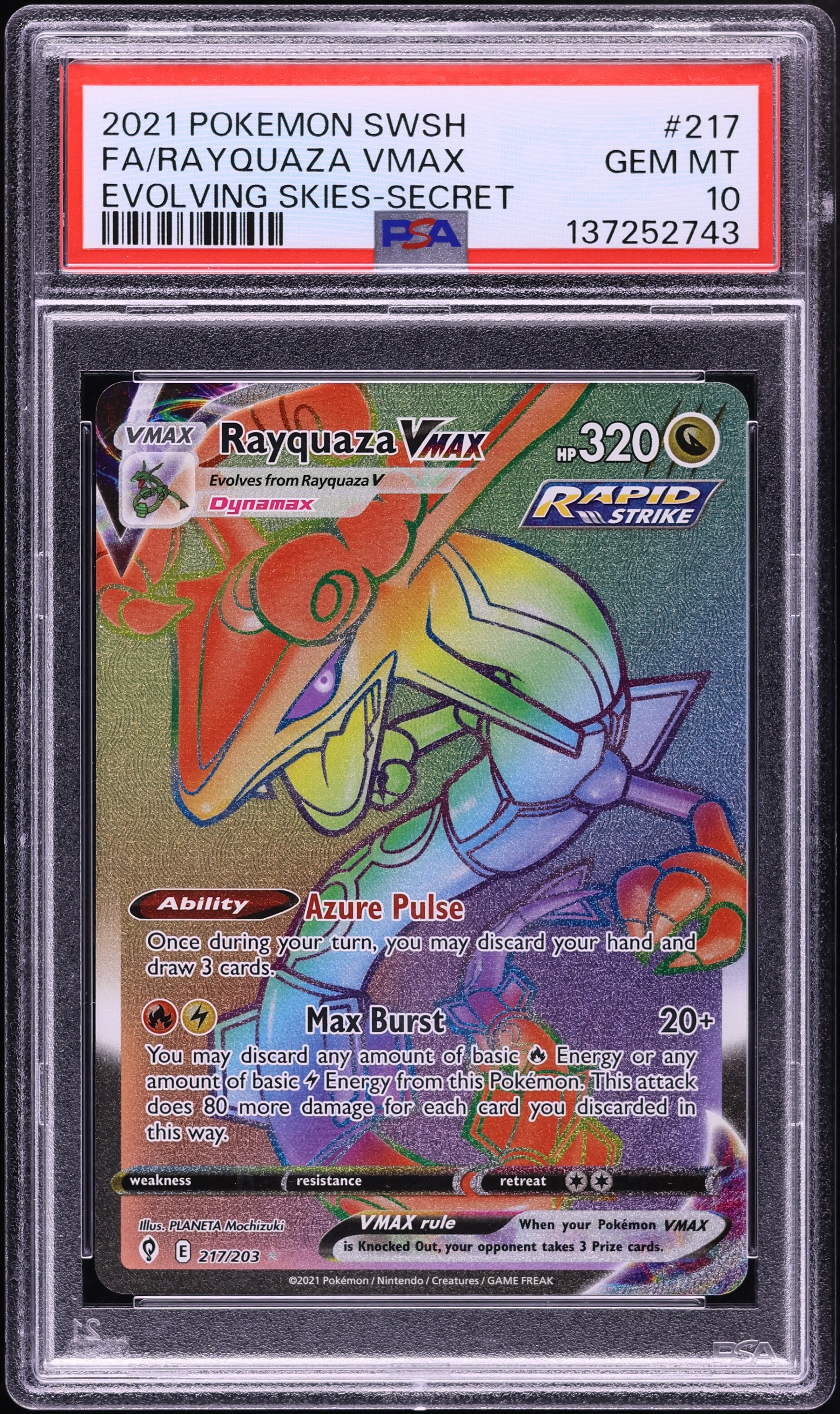 2021 Pokemon Sword & Shield Evolving Skies Rainbow Rare Rayquaza VMAX #217 PSA 10 GEM MINT