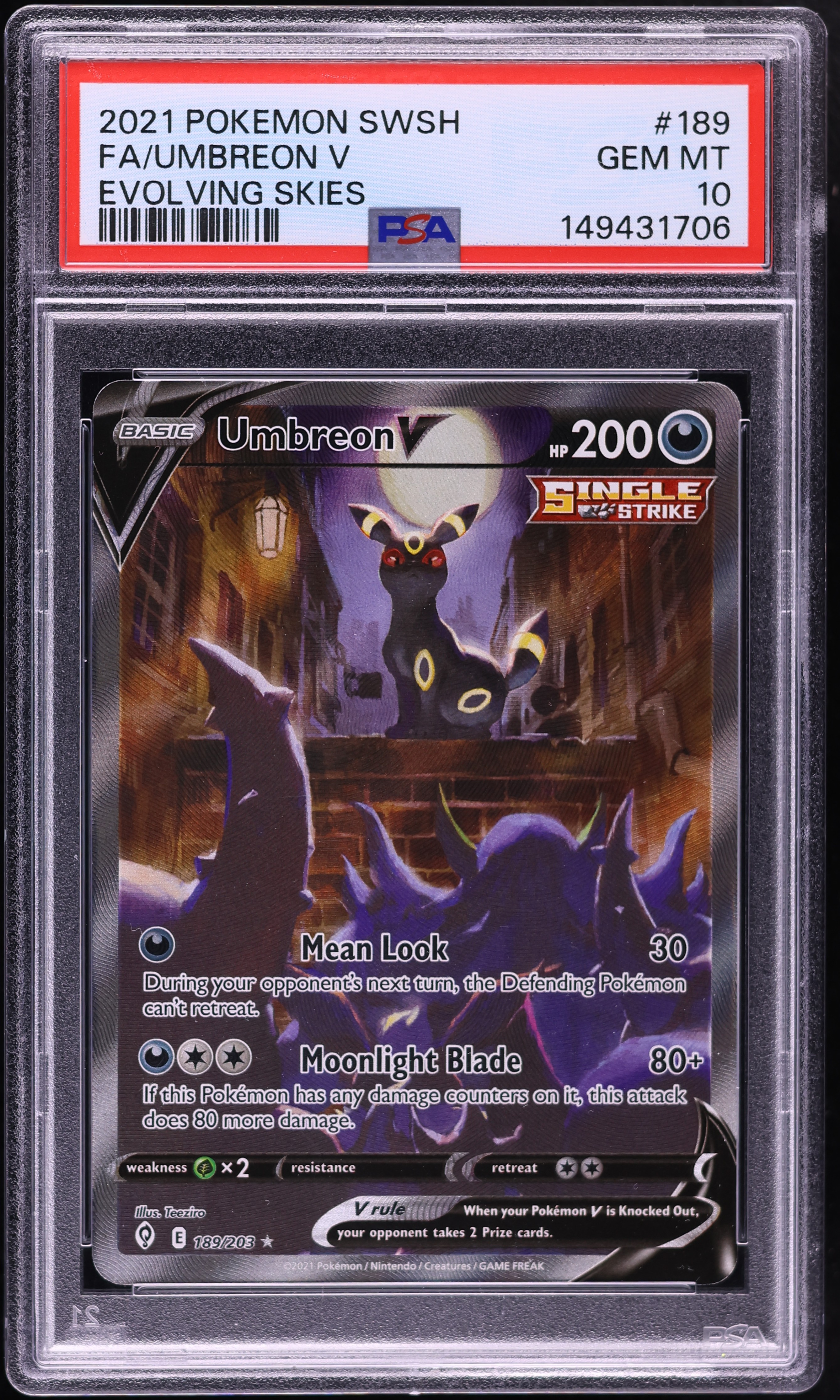 2021 Pokemon Sword & Shield Evolving Skies Alt Art Umbreon V #189 PSA 10 GEM MINT