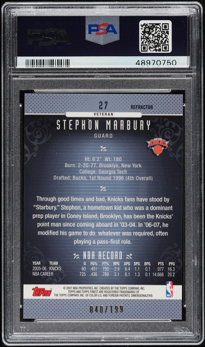 2006 Finest Green Refractor Stephon Marbury /199 #27 PSA 10 GEM MINT