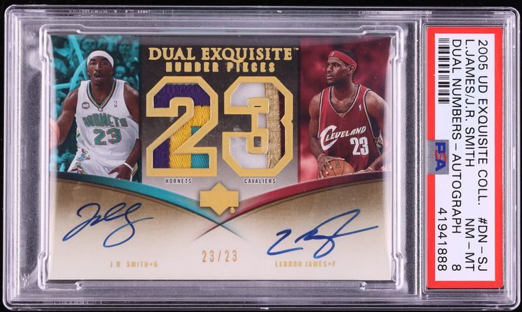 2005 Exquisite Collection Dual Numbers J.R. Smith LeBron James PATCH AUTO JERSEY # 23/23 PSA 8