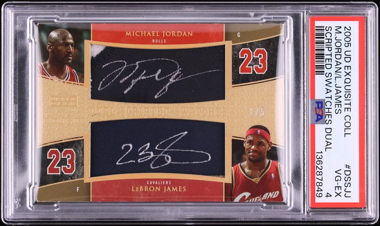 2005 Exquisite Collection Scripted Swatches Michael Jordan LeBron James PATCH AUTO 1/5 PSA 4