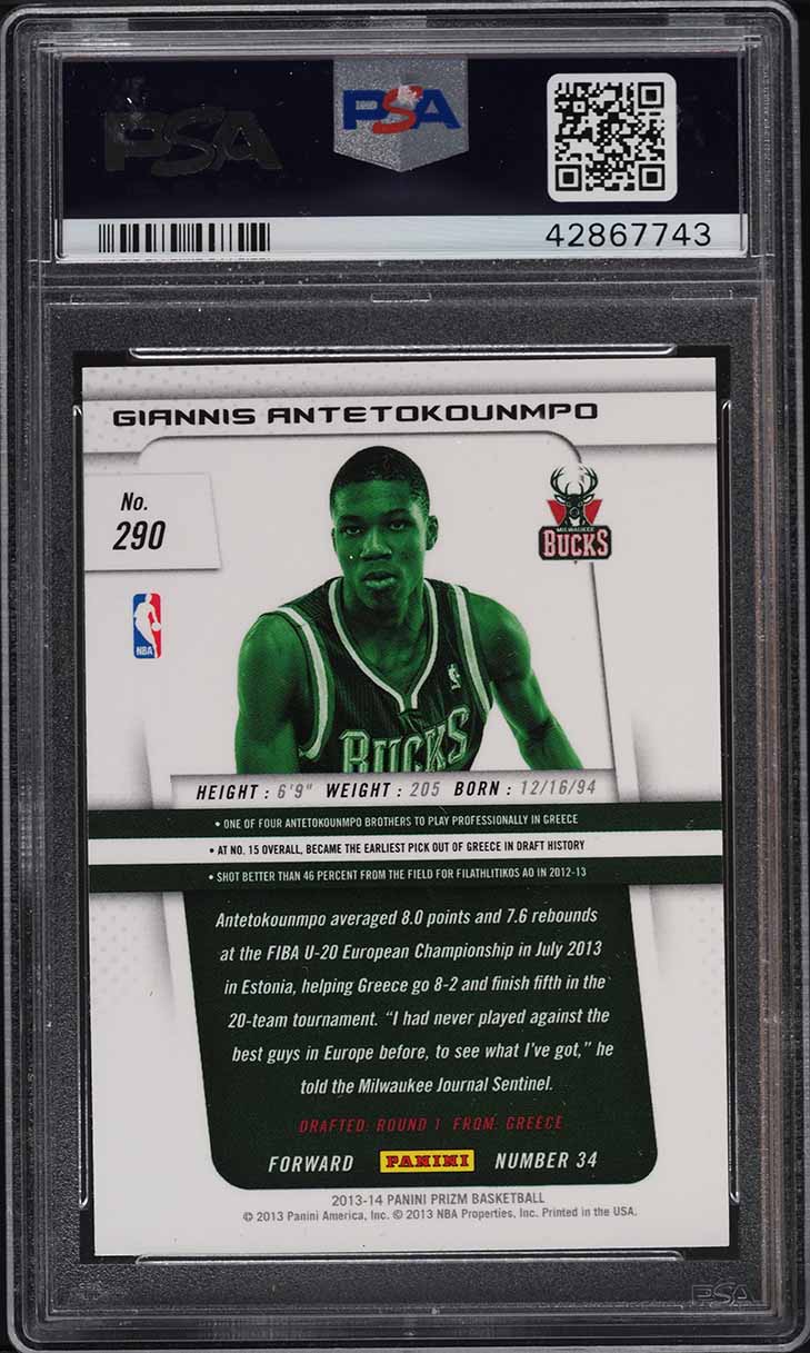 2013 Panini Prizm Giannis Antetokounmpo ROOKIE #290 PSA 10 GEM MINT