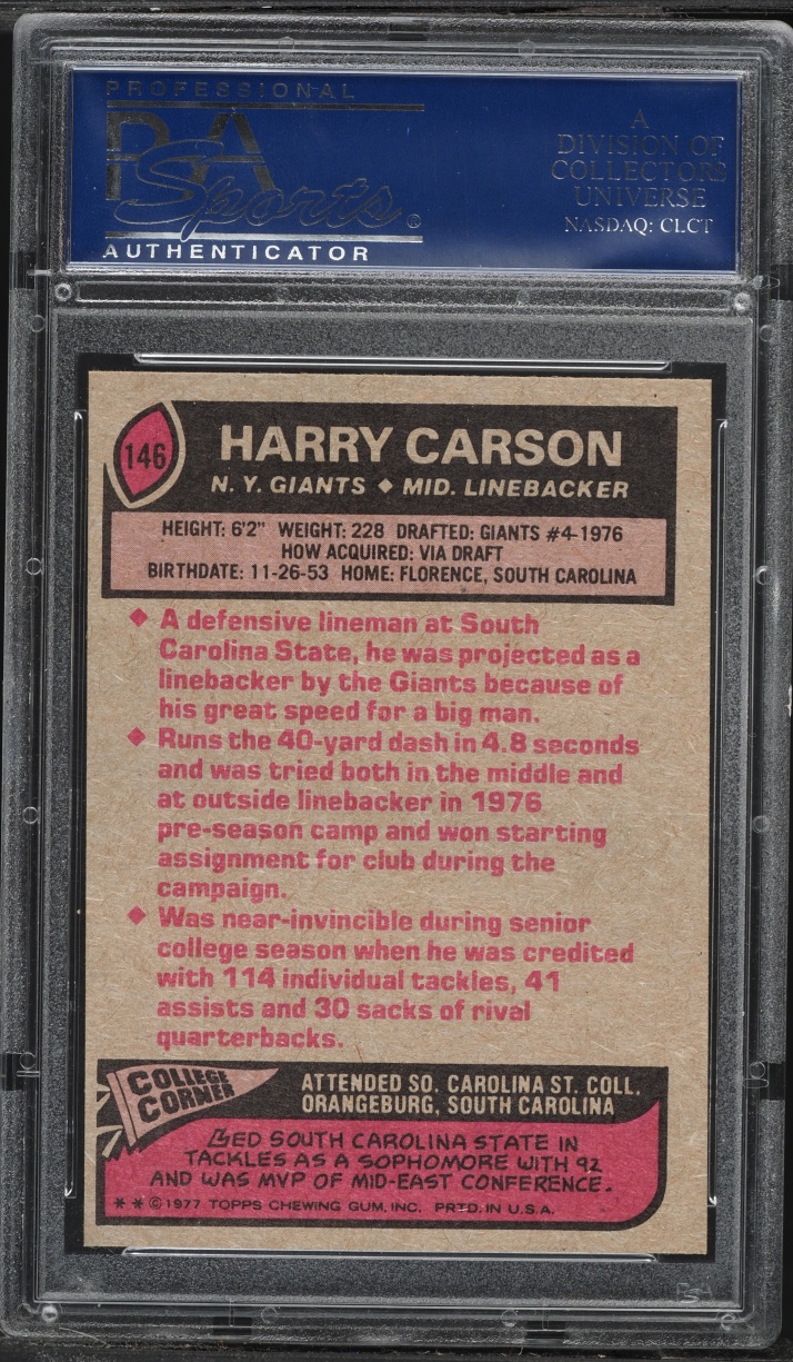 1977 Topps Football Harry Carson ROOKIE #146 PSA 8 NM-MT