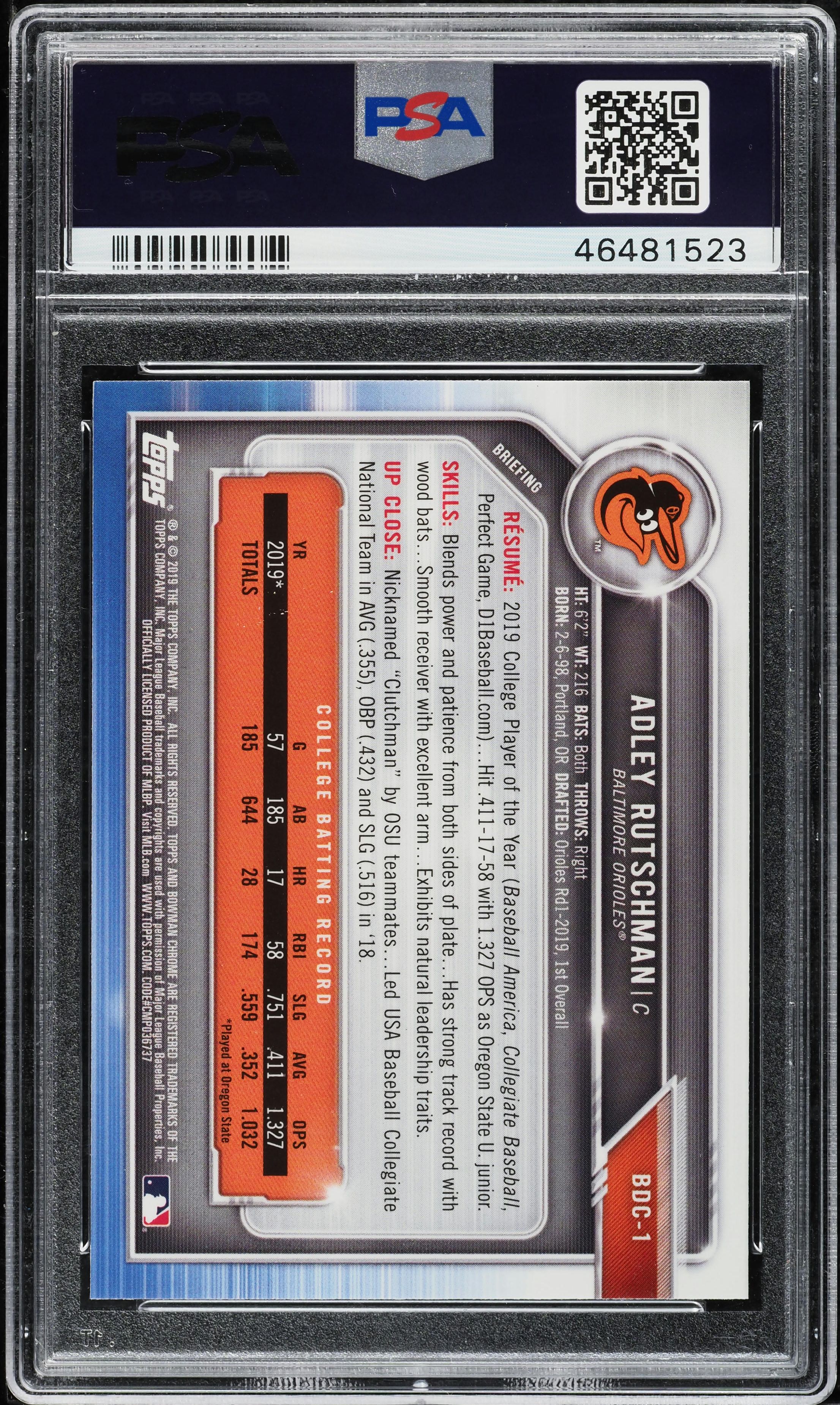 2019 Bowman Chrome Draft Batting Adley Rutschman ROOKIE #BDC1 PSA 9 MINT