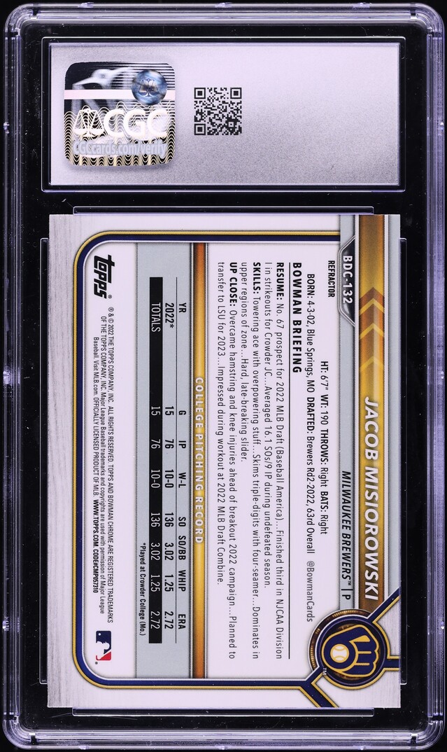 2022 Bowman Chrome Draft Refractor Jacob Misiorowski PROSPECT #BDC-132 CGC 9