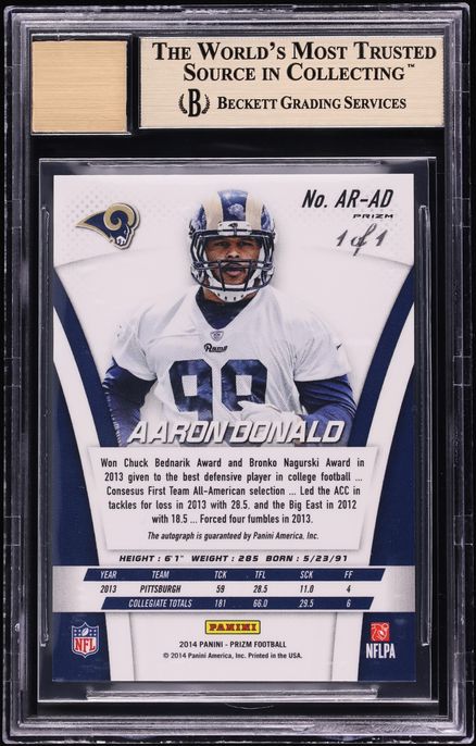 2014 Panini Prizm Black Finite Aaron Donald ROOKIE AUTO 1/1 #ARAD BGS 9.5 GEM MINT