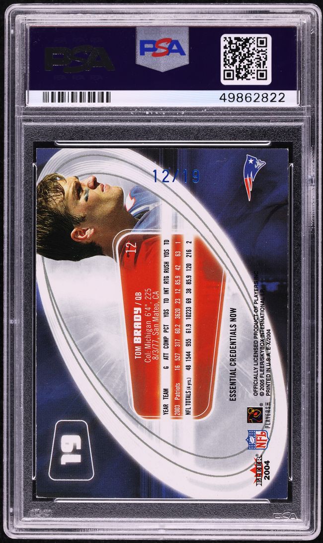 2004 Fleer E-X Essential Credentials Now Tom Brady JERSEY # 12/19 #19 PSA 6 EXMT