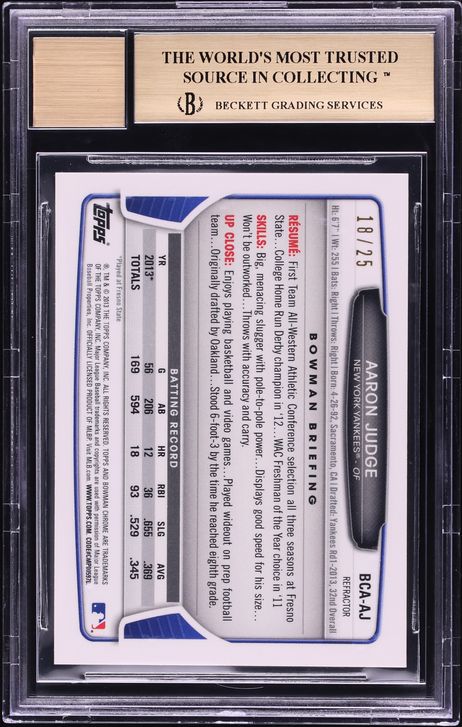 2013 Bowman Chrome Draft Orange Refractor Aaron Judge PROSPECT AUTO /25 BGS 9.5