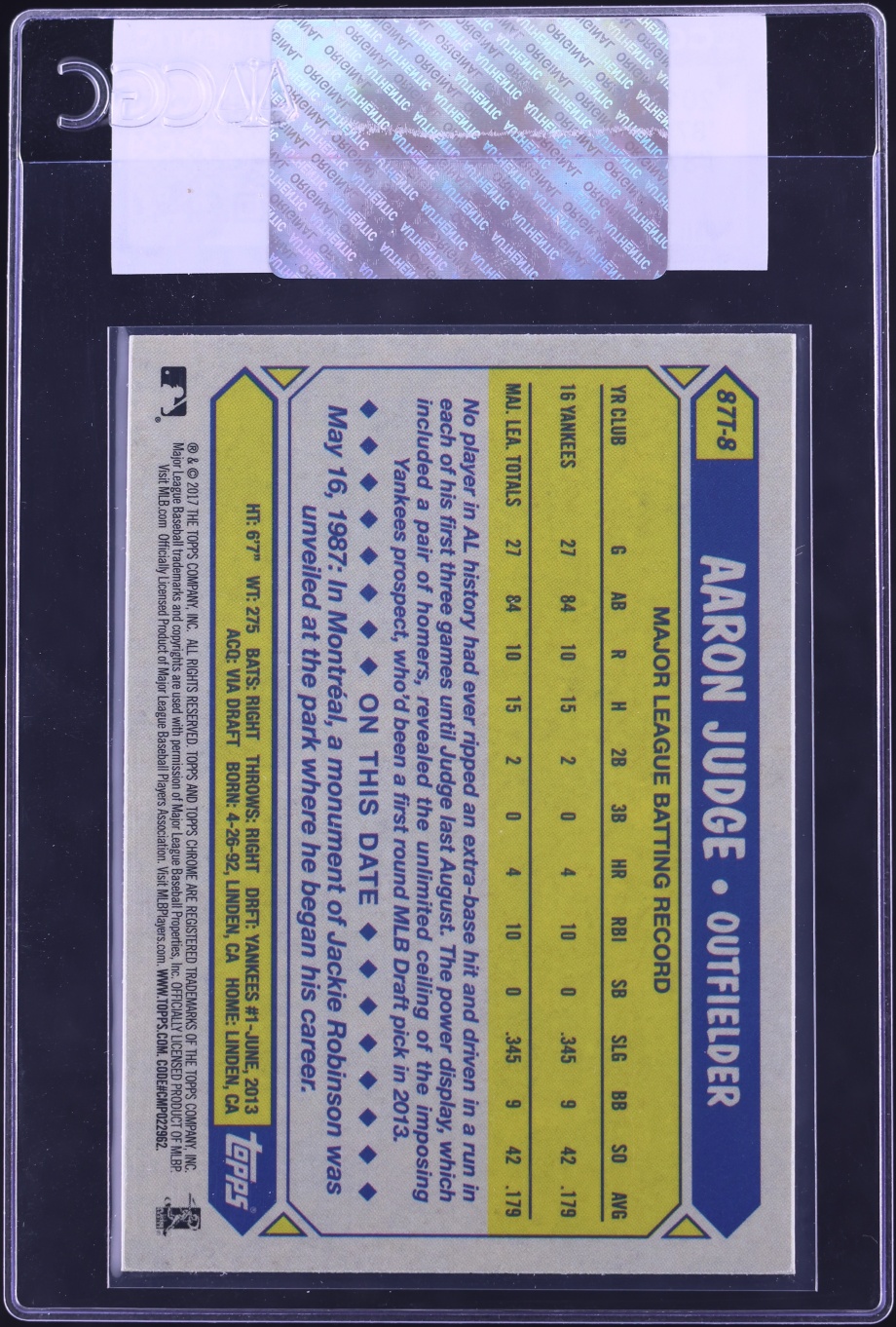 2017 Topps Chrome '87 Aaron Judge ROOKIE #87T-8 CGC AUTH
