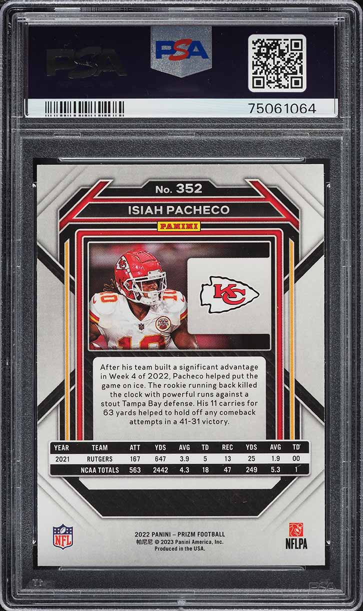 2022 Panini Prizm Isiah Pacheco ROOKIE #352 PSA 10 GEM MINT