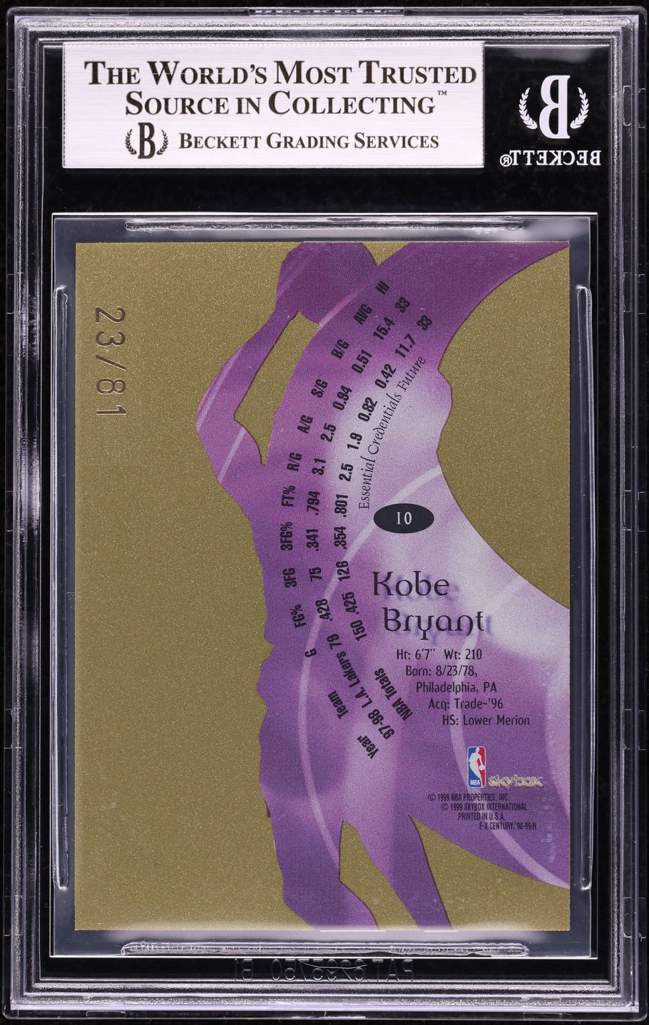 1998 Skybox E-X Century Essential Credentials Future Kobe Bryant /81 #10 BGS 9