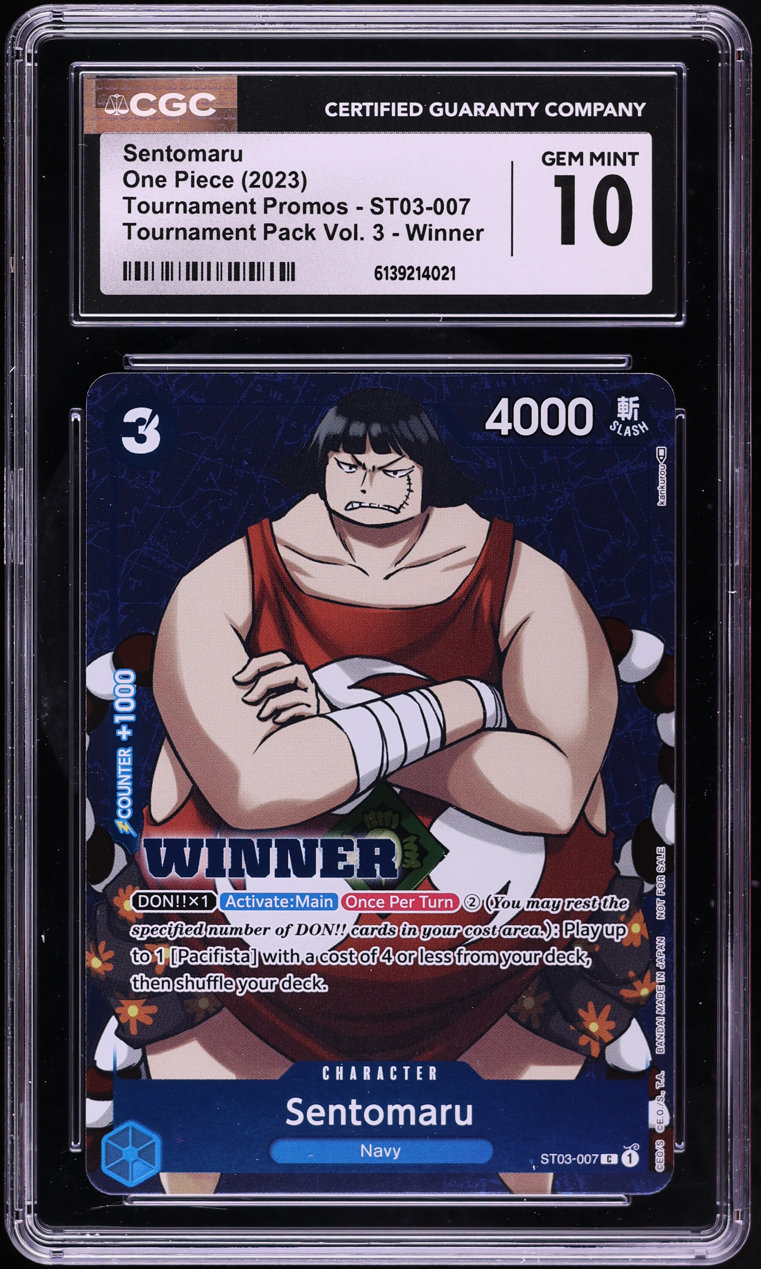 2023 One Piece Tournament Promo Pack Vol. 3 Winner Alt Art Sentomaru #ST03-007 CGC 10 GEM MINT