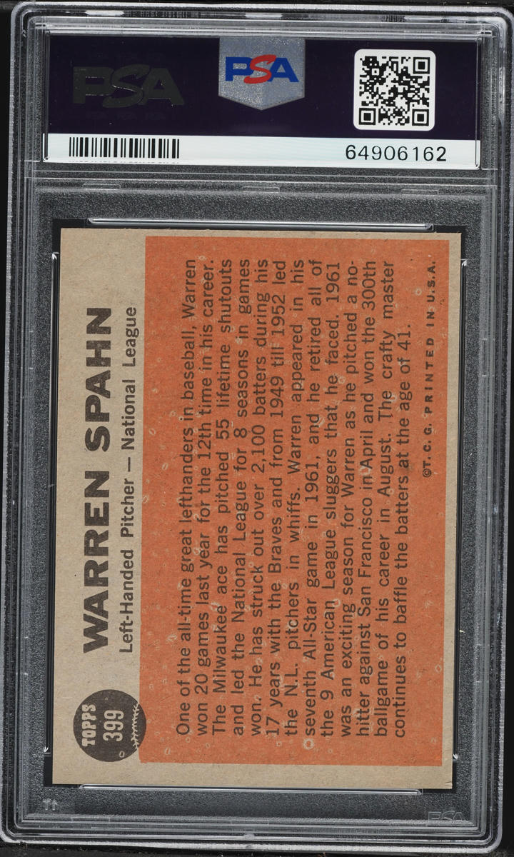 1962 Topps All Star Warren Spahn #399 PSA 6 EXMT