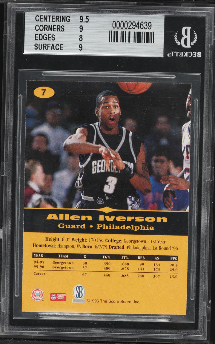 1996 Score Board All Sport PPF Allen Iverson ROOKIE #7 BGS 8.5 NM-MT+