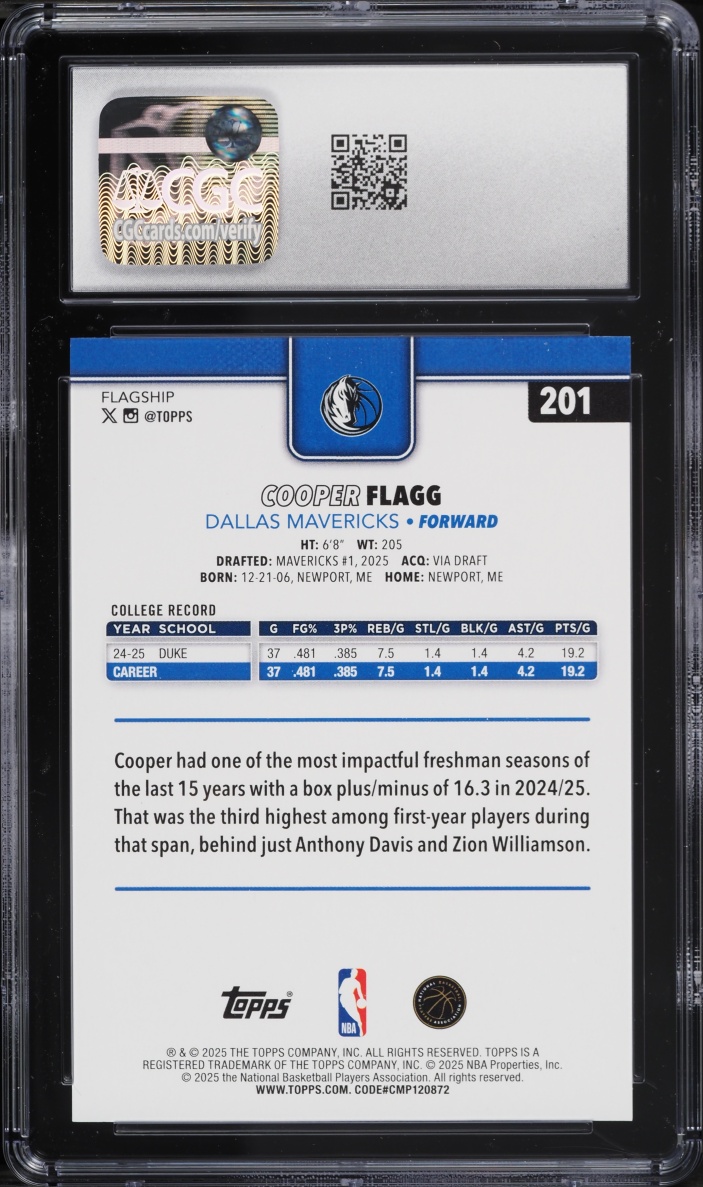 2025 Topps Basketball Cooper Flagg ROOKIE #201 CGC 10 GEM MINT