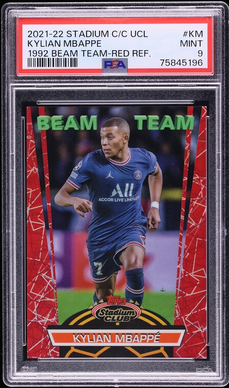 2021 Stadium Club Chrome UEFA '92 Beam Team Red Refractor Kylian Mbappe /5 #BT-KM PSA 9 MINT - Photo 1
