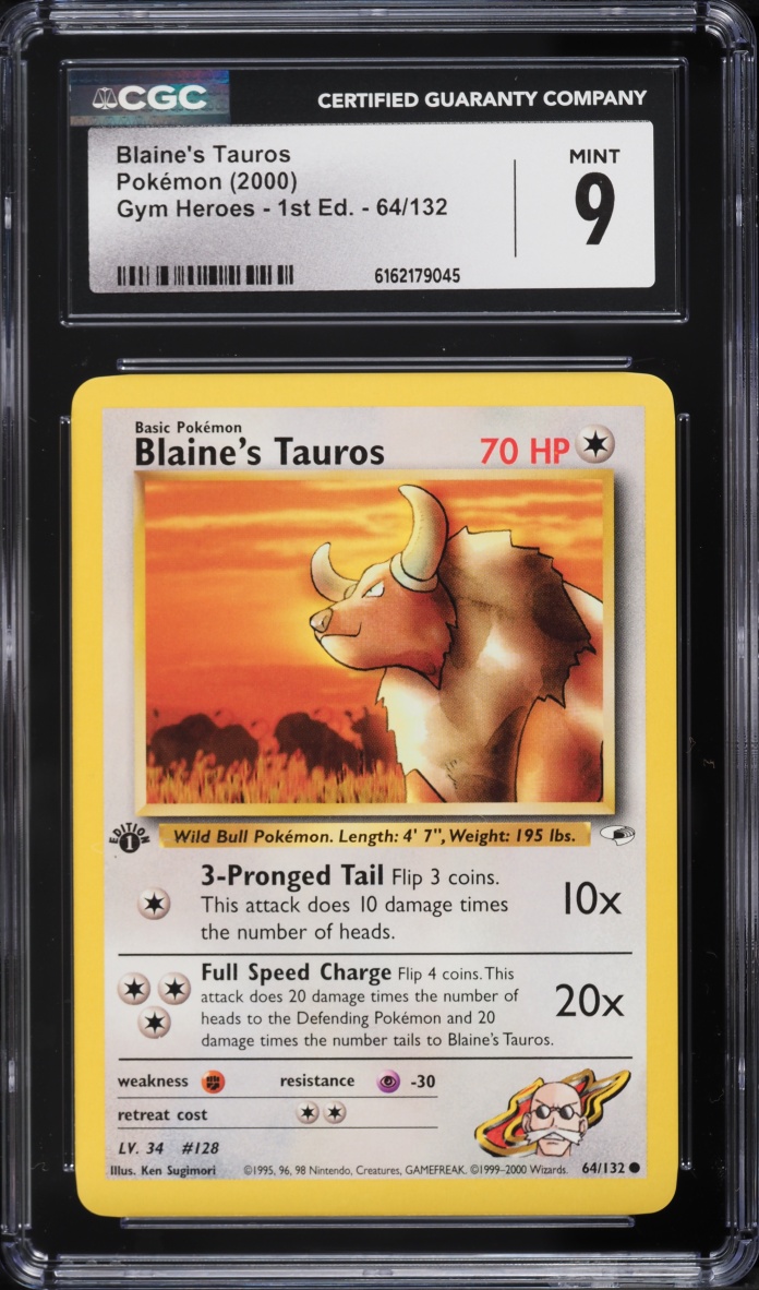 2000 Pokemon Gym Heroes 1st Edition Blaine's Tauros #64 CGC 9 MINT