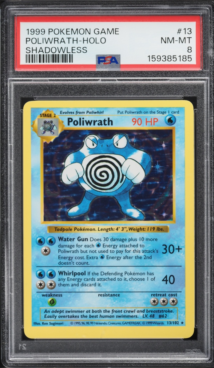 1999 Pokemon Base Set Shadowless Holo Poliwrath #13 PSA 8 NM-MT