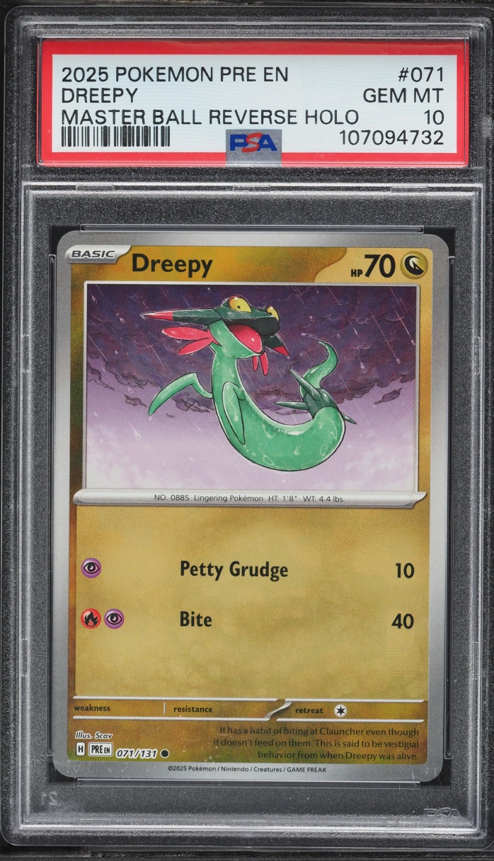 2025 Pokemon SV Prismatic Evolutions Master Ball Reverse Holo Dreepy #71 PSA 10 GEM MINT
