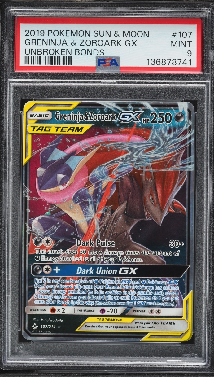 2019 Pokemon Sun & Moon Unbroken Bonds Greninja & Zoroark GX #107 PSA 9 MINT