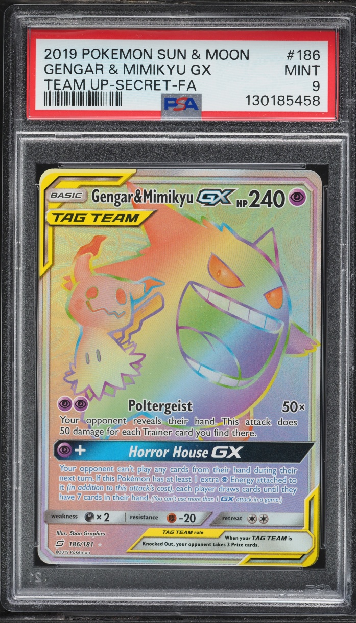 2019 Pokemon Sun & Moon Team Up Rainbow Rare Gengar & Mimikyu GX #186 PSA 9 MINT
