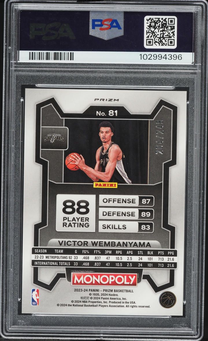 2023 Panini Prizm Monopoly Brown Victor Wembanyama ROOKIE /249 #81 PSA 10 GEM MINT