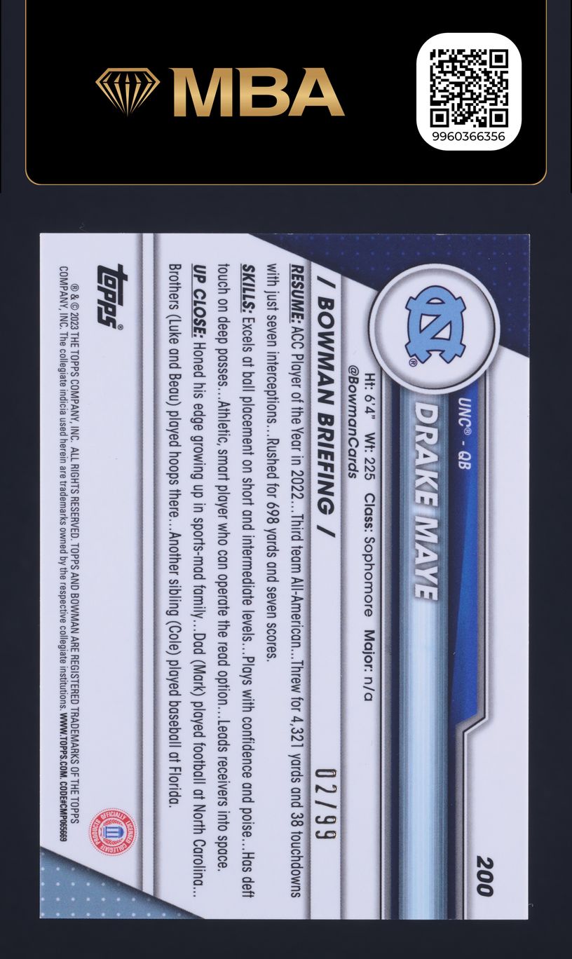 2023 Bowman Chrome U Green Shimmer Refractor Drake Maye ROOKIE /99 #200 MBA AUTH